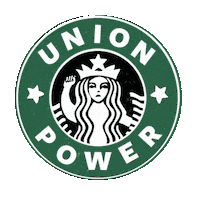 Illustrated gif. Copycat Starbucks logo on a transparent background reads, "Union power." The siren at the center of the logo raises a fist as the stars beside her swivel.