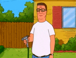 Cartoon gif. Hank Hill on King of the Hill holds a water hose that looks like a gun up to his head. He then pulls the trigger and sprays his head with water.