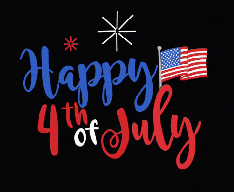 Text gif. alternating red, white, and blue text on a black background with an American flag and fireworks. Text, 