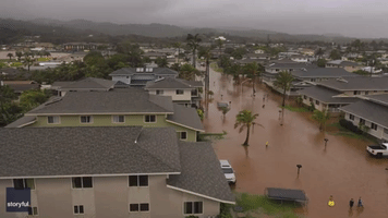Drone Footage Shows Streets Submerged in Northern Oahu