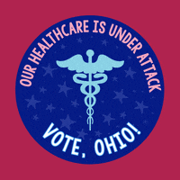 Digital art gif. Blue circular sticker against a dark pink background features a light blue medical symbol of a staff entwined by two serpents, topped with flapping wings and surrounded by light blue dancing stars. Text, “Our healthcare is under attack. Vote, Ohio!”
