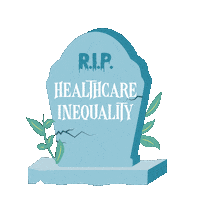 Digital art gif. Twinkling robins egg blue headstone that reads "RIP healthcare inequality."