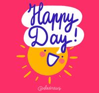 Digital illustration gif. Smiling sun shakes its head side to side, shining bright with a speech bubble that wiggles and says, "Happy day!" against a hot pink background. 