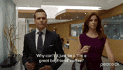 TV gif. Gabriel Macht and Sarah Rafferty as Harvey and Donna in the show Suits walking through an office. Text, "Why can't it just be a 'I'm a great boyfriend' coffee?"
