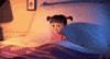 Movie gif. Boo from Monsters Inc sits up in bed, taking in short quick breaths before she crashes to the side and falls immediately to sleep. 