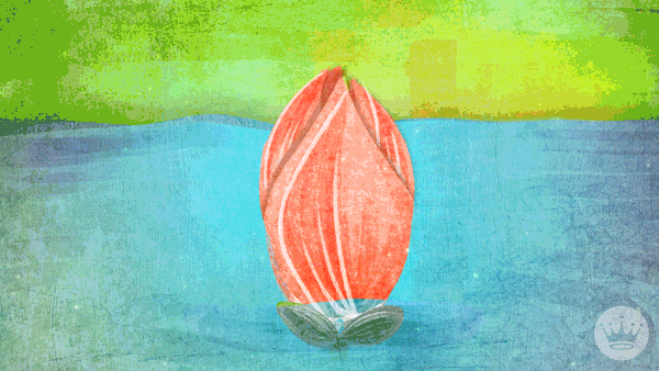 Illustrated gif. Lotus flower blooms in a pool of water. Text, “Thank you.”