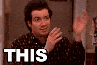 Video gif. A man holds his hands up, gesturing up with shaking hands and nodding almost in desperation. Text, “This.”