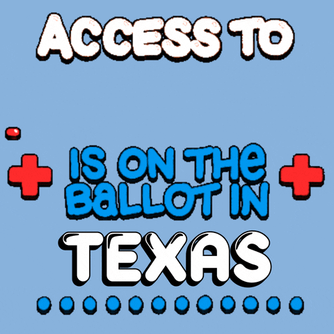 Text gif. Colorful bubble text flanked by pulsating red medical plus signs against a light blue background reads, “Access to healthcare is on the ballot in Texas.” The word “healthcare” moves across the screen in the same zigzag manner as an electrocardiogram machine. A line of blue dots marches across the bottom.
