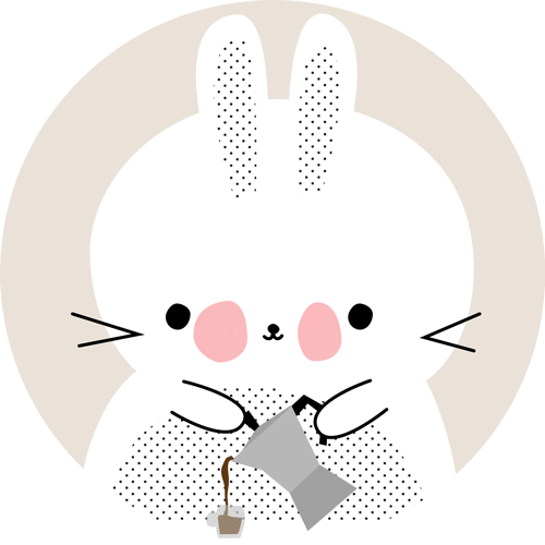 Cartoon gif. A rosy cheeked white bunny pours itself a small cup of coffee. 