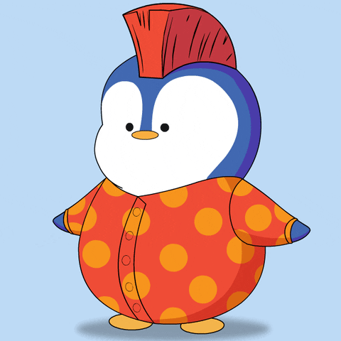 Cartoon gif. A chubby blue penguin with a thick orange mohawk that wiggles ever so slightly wears orange pajamas with yellow polka dots. It raises its arm to the side and winks. Text reads, "You da best!" 