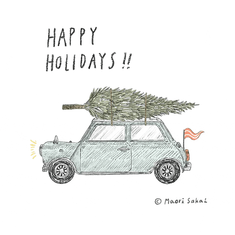 Illustrated gif. Vintage sage green car drives in place with a pine tree strapped to the roof and a striped pennant flag waving from the back. Text, "Happy Holidays!"