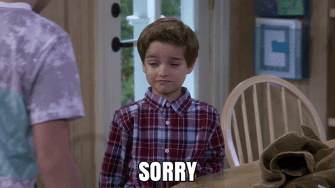 Tv gif. Remorseful Elias Harger, as Max in Fuller House apologizes sincerely. Text, “Sorry.”