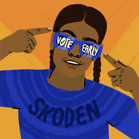 Illustrated gif. Indigenous young woman against orange brushstrokes, wearing a blue shirt that reads "Skoden," pointing to her sunglasses with lenses that read "Vote, early."