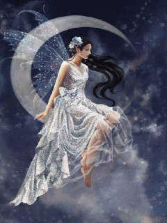 Digital art gif. An elegant fairy woman in a sparkling white gown sitting on a crescent moon.