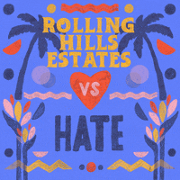 Digital art gif. Graphic painting of palm trees and rippling waves, the message "Rolling Hills vs hate," vs in a beating heart, hate crossed out.