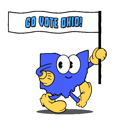 Digital art gif. Blue shape of Ohio smiles and marches forward with one hand on its hip and the other holding a flag against a transparent background. The flag reads, “Go vote Ohio!”