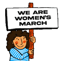 Digital art gif. Animation of a rotating cast of people of different races and genders holding up a picket sign that reads, "We are women's march."