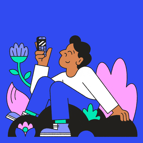 Illustrated gif. A man sits on a flowering rock and taps away on his phone in sync with text that spells out, "Friday eve!"
