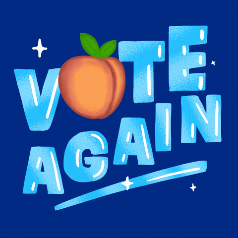 Text gif. Glossy cyan bubble letters bob and bounce, twinkling on a royal blue background, a peach in place of the O. Text, "Vote again, Georgia."