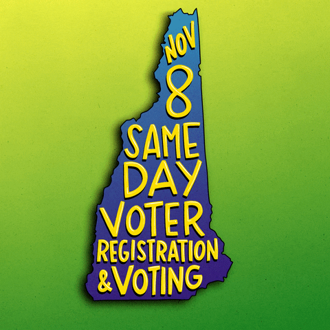 Illustrated gif. Blue graphic of New Hampshire on a lime-green gradient, yellow marker font within. Text, "November 8, Same-day voter registration and voting."