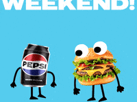 Sponsored gif. Can of Pepsi high-fives a double cheeseburger. Colorful starbursts explode around their hands. Text reads, “Long weekend.”