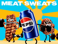 Sponsored gif. Can of Pepsi struggles to curl a small dumbbell. Behind it, a rack of ribs and a burger patty lift much heavier barbells. Text reads, “Meat sweats.”