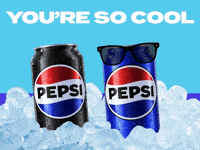 Sponsored gif. Two cans of Pepsi chill in a bucket of ice. One can wears sunglasses and points to the other can as it raises its hands in joy. Text reads, “You're so cool.”