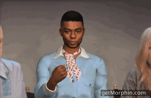Digital art gif. A 3D rendering of Chadwick Boseman, superimposed between two live action people. He wears a light blue shirt and a spotted neckerchief as he tosses gold confetti into the air.