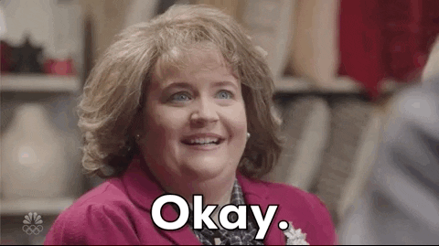 SNL gif. Aidy Bryant is wide eyed and smiling, with full trust written all over her face. She beams at someone and says, "Okay!"
