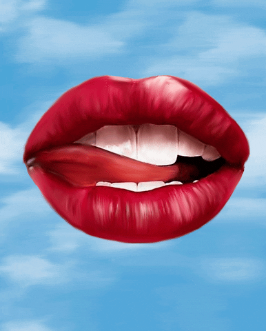 Illustrated gif. Close-up of a slightly parted mouth floating in the sky. The tongue passes beneath the teeth from side-to-side.