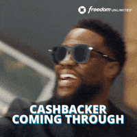 Sponsored gif. Comedian Kevin Hart, wearing dark sunglasses, enters a room while saying "Holiday Shopper Coming Through" Those words also appear in white at the bottom of the screen, and the Chase Freedom Unlimited logo is in the upper right corner.