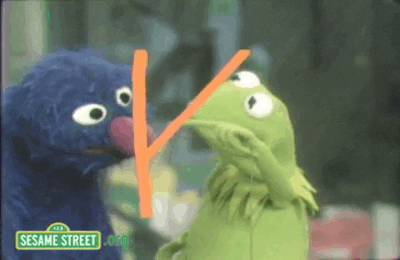 Sesame Street  gif. Kermit the Frog  draws an orange K in the air with his finger and Grover watches him intently. 