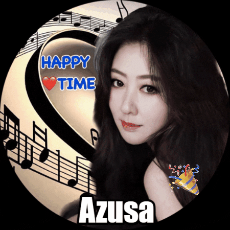 Video gif. A woman overimposed on top of music notes is in a circle that rotates. She smiles softly and text under her reads, "Azusa," while the text next to her says, "Happy time."