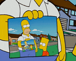 The Simpsons gif. Homer and Bart stand outside in the neighborhood. Homer looks annoyed at Bart and holds out a photo showing this same scene, recursively zooming into the photo to lớn reveal the same scene.
