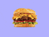 Video gif. Loaded burger shakes back and forth in front of a purple background.