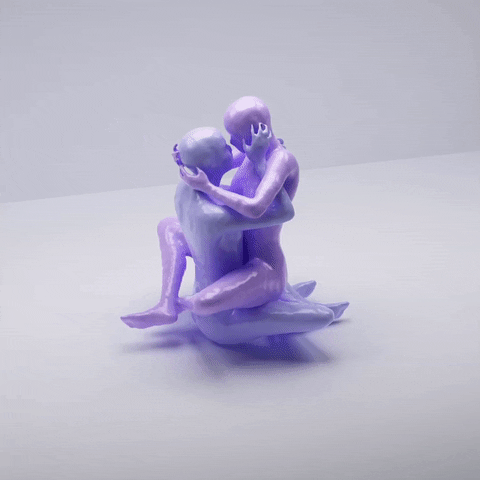 Video art gif. Waxy-looking pale pink and pale blue human figures, sitting up, passionately entangled before they melt into pink and blue liquid that forms the shape of a heart.