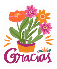 Illustrated gif. Pot of large wildflowers emphasized with flashing action marks above a message in casual cursive lettering, in a crafty vignette. Text, "Gracias."