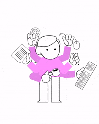 Illustrated gif. Person with six arms, each of them moving at once and holding a donut, piece of paper, mug, mouse, keyboard, and pencil.
