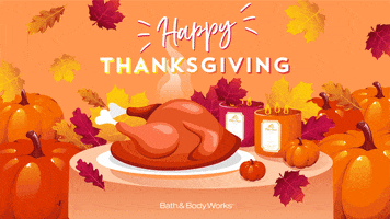 Digital art gif. A turkey and candles sit on a table in the middle while pumpkins surround it. Autumn leaves fall gently around and the text reads, "Happy Thanksgiving!"