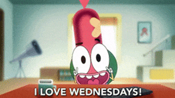 Cartoon gif. Pinky Malinky, a cartoon anthropomorphic hot dog, looks at us and says “I Love Wednesdays!” while making a series of snappy hand gestures.