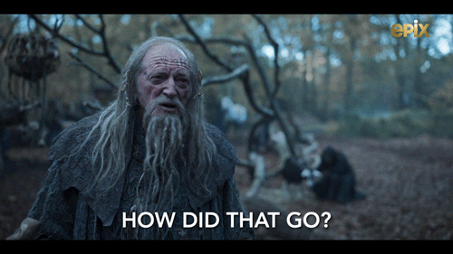 TV gif. David Bradley as Quane in Britannia questionably looks ahead. Text, "How did that go?"