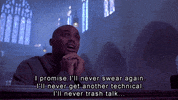 Movie gif. Charles Barkley in Space Jam is in a church and prays, looking up, as he says, “I promise I’ll never swear again. I’ll never get another technical. I’ll never trash talk…”