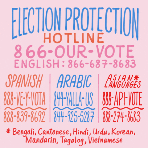 Text gif. Colorful, slender handwriting font on a powder pink background reads, "Election protection hotline, English, 8-6-6-our-vote, 8-6-6, 8-6-6, 6-8-7, 8-6-8-3. Spanish, 8-8-8-ve-y-vota, 8-8-8, 8-3-9, 8-6-8-2. Arabic, 8-4-4-yalla-us, 8-4-4, 9-2-5, 5-2-8-7. Asian, 8-8-8-API-vote, 8-8-8, 2-7-4, 8-6-8-3, languages include Bengali Cantonese Hindi Urdu Korean Mandarin Tagalog and Vietnamese.