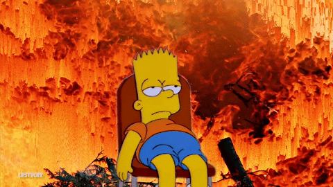 Digital art gif. Bart Simpson slouching on a chair, looking bored, superimposed on a background of animated fiery lava.