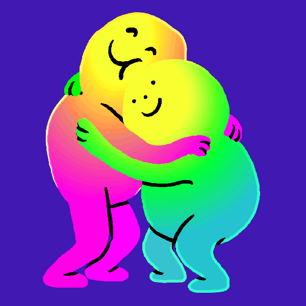 Illustrated gif. A drawing of two people, one pink with a bright yellow face and one blue with a yellow face, repeatedly squeezing each other in a tight, loving hug.