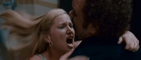 Movie gif. Kathryn Hahn as Alice in "Step Brothers" aggressively humps John C Reilly as Dale.
