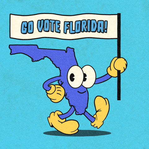Digital art gif. Blue shape of Florida smiles and marches forward with one hand on its hip and the other holding a flag against a light blue background. The flag reads, “Go vote Florida!”