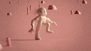 Cartoon gif. A happy, naive Johnny Bubble runs like crazy.