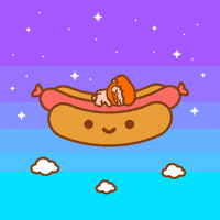 Kawaii gif. Small butt naked man with red hair and bread lays on his stomach, asleep, on top of a large smiling hot dog that is floating in a starry night sky.