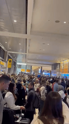Passengers Wait to Drop Luggage in Austin as Airline Cancellations Disrupt Travel